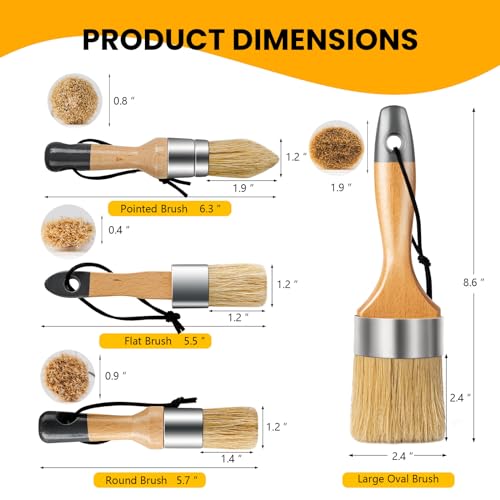 Chalk and Wax Paint Brush Furniture Set of 4, Natural Bristles | Small Round and Large Oval Brush, for Painting or Waxing Furniture, DIY Use and Home Decor, Apply Chalk, Milk, or Latex Paint - size: 1 Large Oval + 3 Small Round, 4 Pack