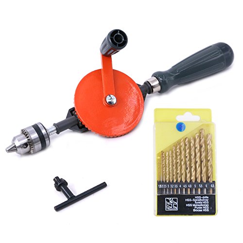 Swpeet Powerful Speedy Hand Drill 1/4-Inch Capacity with 13Pcs Drill Bit Set, Mini Hand Drill Manual ¼ inch with Finely Cast Steel Double Pinions Design, Chucks and Grip Handle for Woods, Plastics