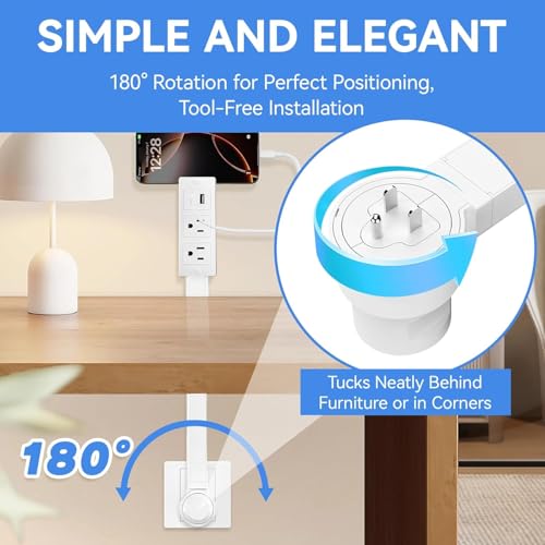 Outlet Extender, 180° Rotating & Extendable Plug Splitter, 2 AC Outlets, USB-A & USB-C Fast Charging, Surge Protector, No-Drill for Hard-to-Reach Areas Behind Couch & Desk