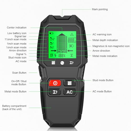 5-in-1 Stud Finder Wall Scanner with LCD Display | Electric Wire Finder, Wood and Metal Detector | High Accuracy Sensor for Cable, Stud Detection (Black)