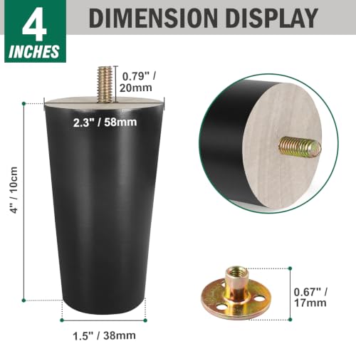 FoDau770 Rubber Wood Legs 4", Straight Taper, 5/16"-18 Thread, Black, 4pcs | Wood Couch legs - Mid Century Sofa Legs - Furniture legs Replacement for Cabinet Dresser Chair Ottoman - color: Black, size: 4 Inch - Straight (90°)