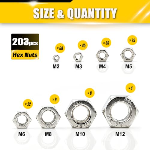 203Pcs Metric Hex Nuts Set Hardware Nuts 304 Stainless Steel - size: Metric 8Size Set;203pcs
