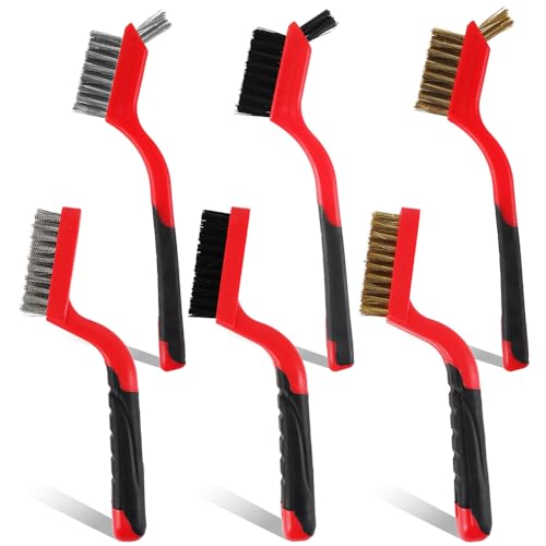 A A IN 6-Pack Wire Brush Set Nylon/Brass/Stainless Steel Bristles with Curved Handle Grip Scratch Brushes for Deep Cleaning and Rust Removing Small Cleaning Brushes-7 Inches (Red)