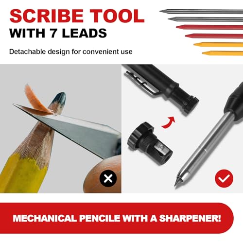 Multi-Function Scribing Tool, Aluminium Alloy Scribe Tool With 7 Leads Carpenter Pencils, Deep Hole Pencil With Sharpener For Woodworking, Gauge Scriber Line Maker, For Men's Architectural DIY Gifts