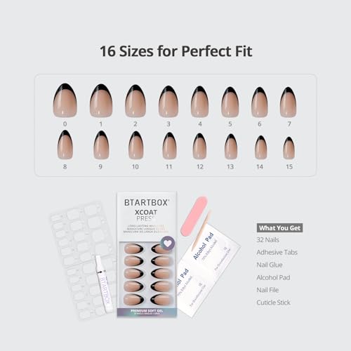 BTArtbox Press On Nails, Black French, Short Almond, Black Nude, 32Ct - color: A-Black French