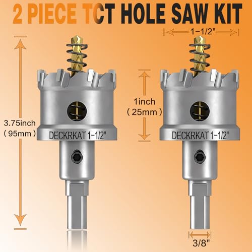 2-Pack 1-1/2" TCT Hole Saws for Hard Metal, Heavy Duty 38mm Tungsten Carbide Tipped Hole Cutters Set with Spring-Loaded Pilot Drill Bits for Stainless Steel, Metal, Iron, and Plastic - size: 1-1/2" (38mm)