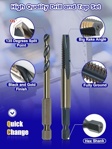 JEFE HEX 20pcs Hex Shank Drill and Tap Set, W4 HSS, Quick Change Tap Set and Drill Bit for Metal, Combination of Drill and Tap Set for Impact Driver, Thread Tap Set from 6-32 UNC to 1/2"-13 UNC - size: 6-32 UNC to 1/2"-13 UNC Drill & Tap (20 pcs)