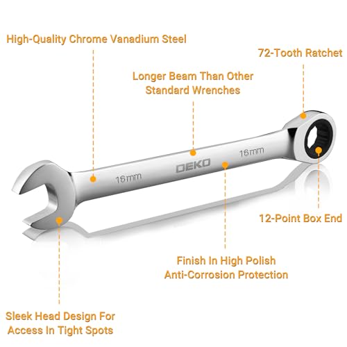 DEKOPRO 12-Piece Ratcheting Wrench Set 8-19mm Metric Standard, Fixed Head Combination Wrenches Set with Rack Organizer, Cr-V Steel, 12 Point 72 Teeth - size: Metric-12 pcs