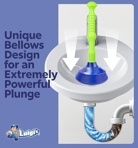 Luigi's Sink Plunger Kitchen - Sink Plunger Bathroom - Drain Bathtub or Shower - Large and Powerful Clog Remover - Commercial Style Plumbers Plungers with Large Bellows - Blue Green - Grande - color: Blue/Green - Grande Plunger