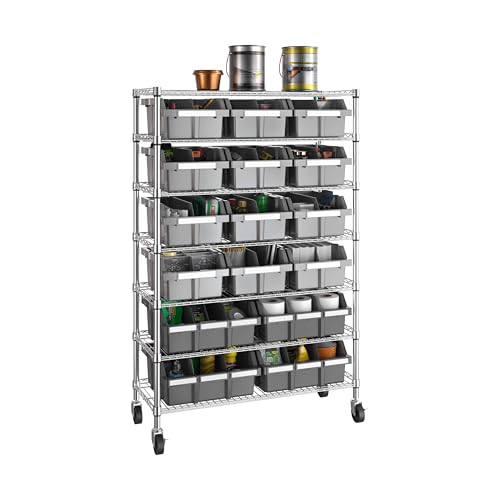 7-Tier NSF 16-Bin Steel Wire Shelving Rack, 36"W x 14"D x 56"H, Gray | 16 slide-out bins with tilt-lock design keep supplies organized and accessible - color: Gray, size: Includes 16 Bins