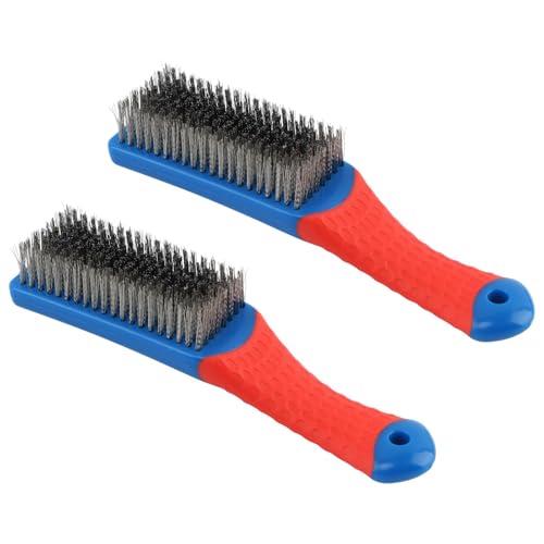 2 Pack Steel Brush for Cleaning-Heavy Duty Stainless Steel Wire Brush for Metal Rust Cleaning, Paint Scrubbing with Rubber Covered Handle