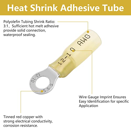 100PCS Heat Shrink Ring Terminals, Marine Grade - size: AWG(12-10)