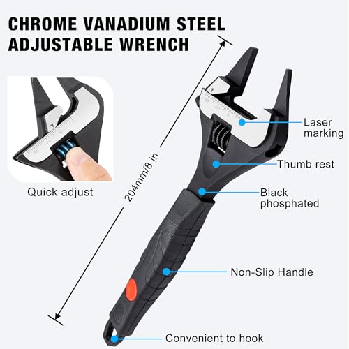 MAXPOWER 8-inch Slim Jaw Adjustable Wrench, Wide Jaw Opening Adjustable Wrench, Dual Scale with Metric and SAE Plumbing Wrenches, Soft Grip Handle - size: 8"