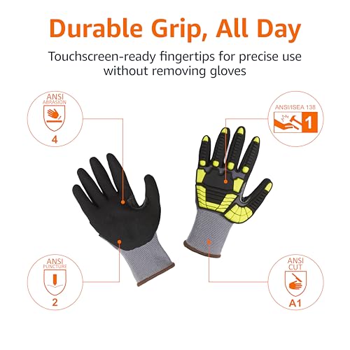 Amazon Basics Safety Work Gloves, Cut Level A1, Abrasion ANSI Level A4, Impact Protection, Touch Screen Friendly, 15G Sandy Nitrile Palm, Abrasion Resistant, Yellow, Size Large, Pack of 120 Pairs - size: Large