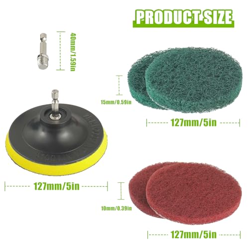 5 Inch Scrub Drill Brush Power Scouring Pads Household Cleaning Set for Kitchen Bathroom 4 Red Pads 4 Green Pads 1 Drill Attachment and 1 Universal Shaft