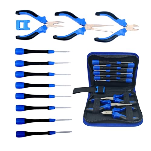Precision Repair Tool Set, 12-Piece Craftsman & Miniature Tool Kit with Small Screwdrivers, Mini Pliers, Demagnetizer, Small Tool Kit for Phone, Laptop, Jewelry Repair, Includes Compact Storage Pouch