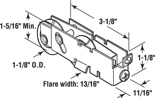 Prime-Line D 1847 1-1/8 In. Steel, Sliding Door Tandem Roller Assembly with F-Tab (Single Pack) - size: 1-1/8 inch
