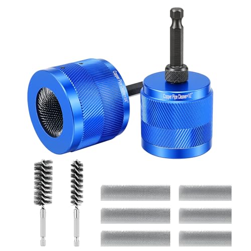 1/2" & 3/4" Copper Pipe Cleaner Set for Drill with 1/4" Hex Shank & 2 Pipe Cleaning Brushes & 6 Exchange Blades 2 Copper Metal Pipe Cleaner Kit Plumbing Tools for Rust Stains Paint - size: 1/2" & 3/4"
