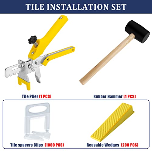 Tile Leveling System with Tile Plier and Rubber Mallet Tile Leveler Tool | 1000 Piece Tile Spacers Clips and 200 Piece Reusable Wedges Kits for Tile and Stone Installation (1/16 Inch) - size: 1/16