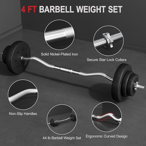 Yaheetech Curl Bar with Weights Adjustable W-Shaped Barbell Home Gym Set | Knurled iron bar with concrete-filled hdpe plates, star locks adjust weight for compact, gym-free strength training at home - size: 44 lbs