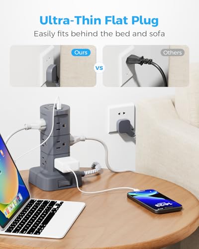 Charging Station Tower, Power Strips with Surge Protection, Flat Plug - color: Gray, size: 6 FT