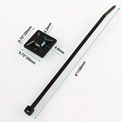 Strong Self Adhesive Wire Clips Cable Zip Tie Mounts 3/4" with 6 Inch Zipties Black UV Protection Outdoor 100 Pcs,Sticky Wire Fasteners Cable Guide Management Mounting Suqare Holder Anchor Base Small - size: 0.75x0.75"