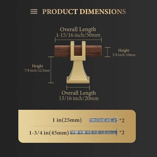 Haliwu 10 Pack Wood Grain & Gold Cabinet Knobs T-bar Square Drawer Knobs - color: Walnut Wood Grain& Matte Gold, size: T-bar knob