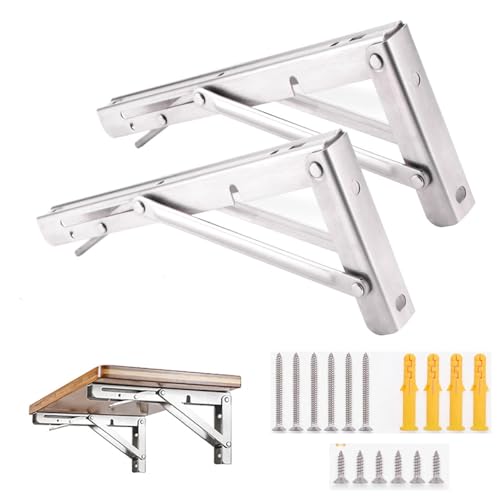Folding Shelf Brackets, Max Load 330 lb, Heavy Duty Stainless Steel Collapsible Wall Mounted Shelf Brackets for Table, Space Saving DIY Bracket, Pack of 2 (Silver, 2packs 12 Inch) - size: 2packs 12 Inch