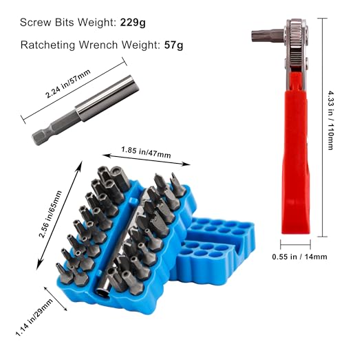 34pcs Security Bit Set 1/4 Inch Hex Shank Screwdriver Bit Set,Tamper Proof Bits-Torx+Hex+Tri Wing+Star+Spanner for Torx Security Screwdriver Set,High Hardness Impact Driver Bit Set(Blue+RedRatchet) - color: Blue