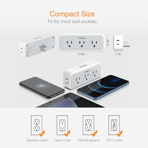 TESSAN Multi Plug Outlet Splitter, Wall Surge Protector, 1875W, Grey - color: Gray, size: 5 Outlets (USB-A)