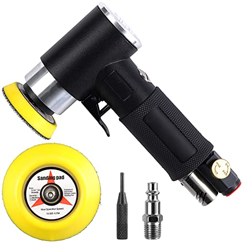 2" & 3" Dual Action Mini Air Sander, Random Orbital Pneumatic Polisher Kit with Pads & Accessories, High Speed Air Angle Sander for Auto Body, Wood, Metal, and Furniture Polishing - size: 2" and 3" pad