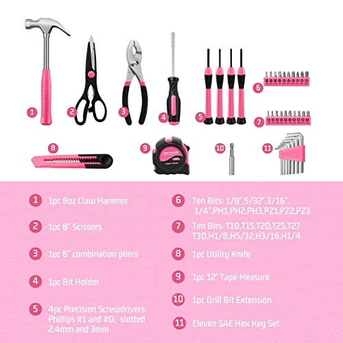Flexzion 39 Piece Hand Tool Kits with Case - Compact Tool Kit for Handyman, Homeowners DIY - Household Tool Kit for Home with Portable Basic Tool Set Case, Pink - color: Pink & Black