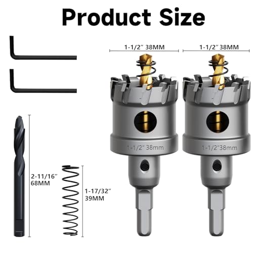 Metal Hole Saw 1-1/2''(38mm) 2Pcs Set Heavy Duty Tungsten Carbide Tipped Hole Cutters Set with a nitrided Step Drill and L-flench, for Steel Iron,Aluminum,Stainless stell,Plastic - size: 1-1/2''(38mm)-2PCS