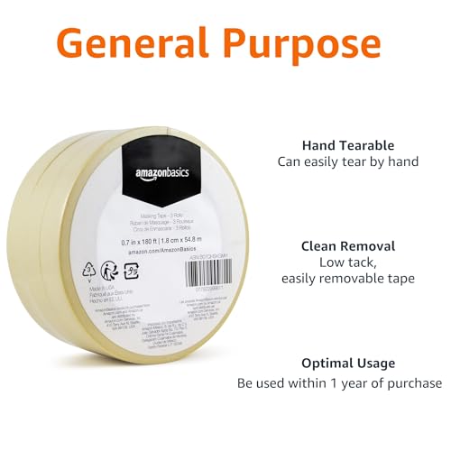Amazon Basics Low Tack Masking Tape, General Purpose, Hand Tearable, Removes Easily, for Labeling, 0.7 inch x 180 feet, Beige, 3-Pack - size: 0.7 Inch by 180 Feet
