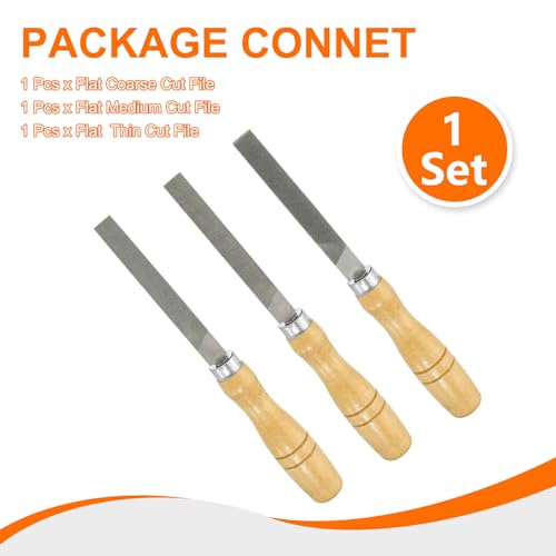 HARFINGTON 3pcs Flat Cut File 4" Double Cut Teeth High Carbon Steel Hand Rasp File with Wood Handle for Metal Wood Deburring Removing - size: 4"