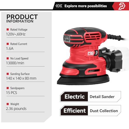 Prostormer Detail Sander, 13000RPM Mouse Sander, 1.6A Electric Palm Sanders - color: Red