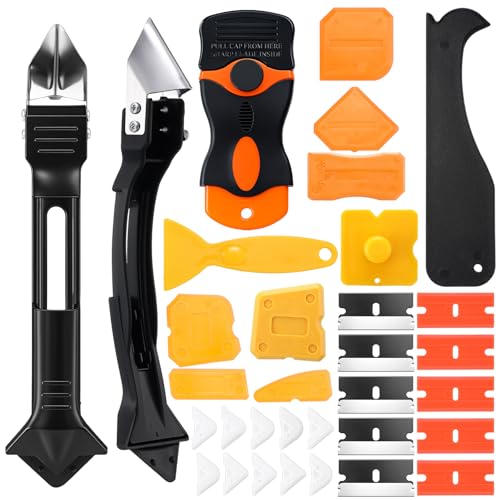 Pickmesh 33 Pcs Silicone Caulking Tool Kit Set 3 in 1 Caulk Remover & Grout Removal Tool with Pads 2 in 1 Razor Blade Scraper with Blades Sealant Finishing Tools for Kitchen Bathroom Sink Window Floor