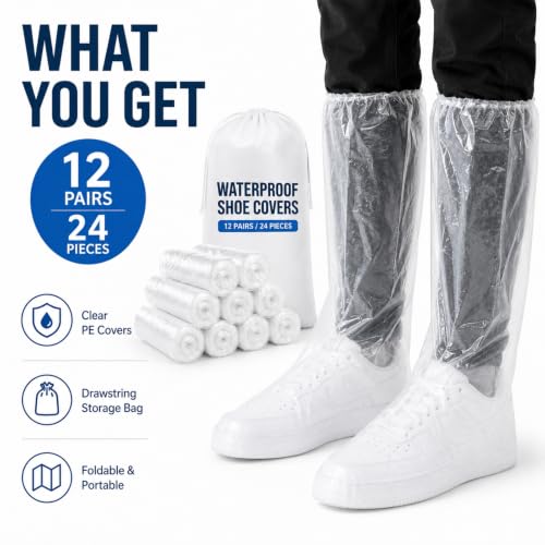Waterproof Shoe Covers, 12 Pairs Clear PE Mid-Calf Boot Covers