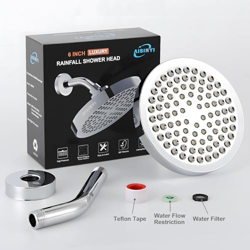 6" Rain Shower Head & 6" Shower Arm, Luxury Polished Chrome Finish - color: Deluxe Chrome, size: 6 Inch Round (1 PCS + Shower Arm)