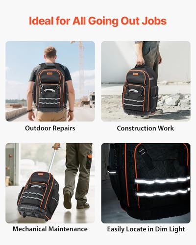 VEVOR Rolling Tool Backpack, 110 lbs Load Capacity, 72 Pockets Heavy Duty Roller Tool Bag on Wheels, Adjustable Telescoping Handle & Stable Base, Toolbag Organizers for Construction, Mechanic - size: 72 Pockets + Rolling