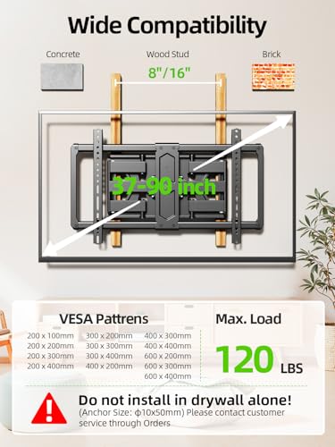 USX MOUNT Ultra Slim TV Wall Mount for Most 37-90 inch Television, Full Motion TV Mount Dual Swivel Articulating Tilt 6 Arms, Up to 120lbs, VESA 600x400mm, Max 16" Wood Studs, XML612-K - size: 37-90 INCH