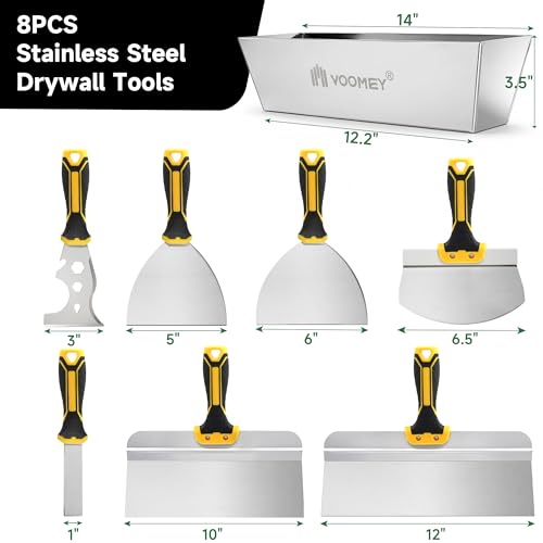 Voomey Drywall Tool Kit 8Pcs Stainless Steel Putty Knife Set with Taping Knives,Painter Scraper,Mud Pan and Scoop for Drywall Joint Taping, Finishing,and Patching