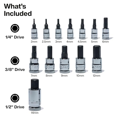 Klein Tools 65213HEXM Knurled Hex Bit Metric Socket Set, 1/4, 3/8 and 1/2-Inch Drives, Premium Cr-V Steel, Metric Sizes 2 mm to 14 mm, MODbox Case, 13-Piece - style: Metric