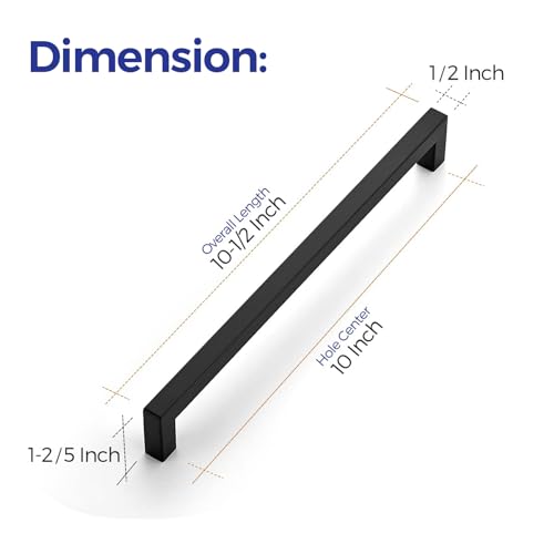 Ravinte Matte Black Cabinet Handles Square Pulls 10 Inch 3 Pack - size: 10-1/2 Inch (10 Inch Hole Center)