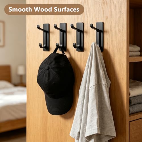 4 Pack Black Stainless Steel Double Wall Hooks, 13LB Strong Adhesive Heavy Duty Stick On Towel Hooks for Bathroom Kitchen Entryway