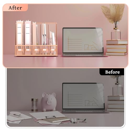 SUPEASY Desk Organizers Metal Desk Magazine File Holder with 5 Vertical Compartments Rack File Organizer for Office Desktop, Home Workspace, Rose Gold, Plus - color: Rose Gold, size: Large