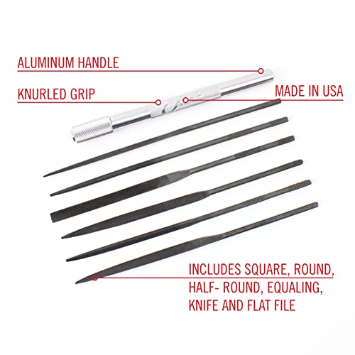 Excel Blades Mini Needle File Set – Hardened Alloy Steel, Includes Flat, Warding, Square, Triangular, Round & Half-Round Files with USA-Made Aluminum Handle - style: File Set w/ Handle