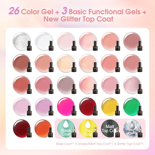 ROSALIND 30pcs Jelly Gel Polish Set, 26 Colors Translucent Nude Pink Gel | Sheer Gel Nail Polish Set with Matte Glossy Glitter Effects, Nails with Base Gel Top Coat, Salon DIY Home - color: Colorful Jelly