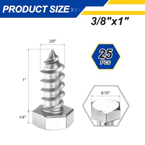 25 Pcs Hex Head Lag Screws 3/8"x1" SS 18-8 (304) Lag Bolts - color: Silver, size: 3/8"x1"