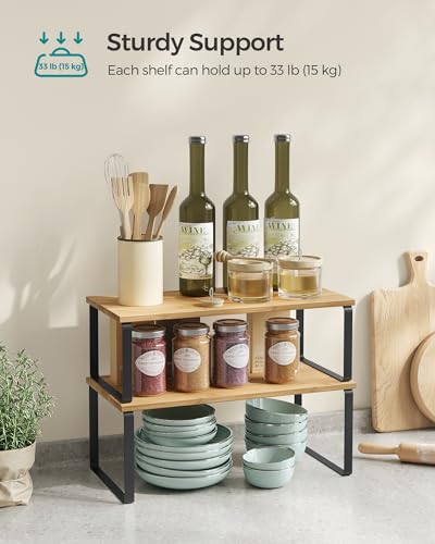 SONGMICS Cabinet Organizer Shelf, Set of 2 Spice Rack, Kitchen Storage - color: Ink Black + Natural Beige, size: 15.6"w